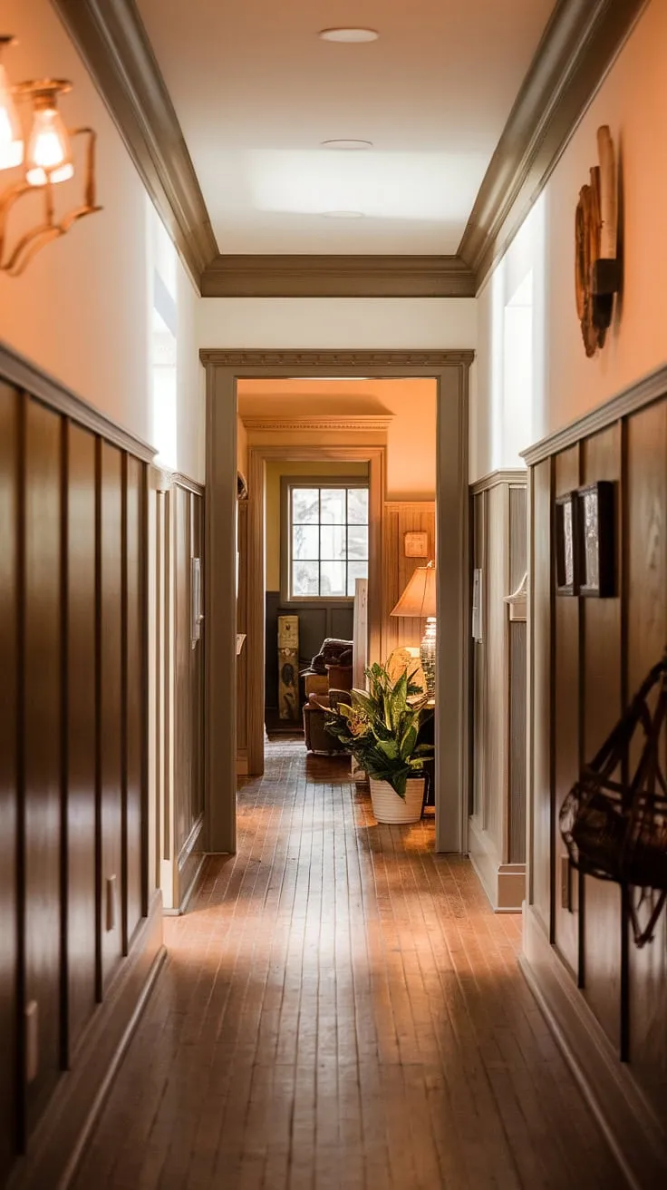 Stepping into this hallway feels like stepping back in time. The high paneling, gleaming hardwood floors, and subtle details whisper stories of generations past, while the strategically placed lamp and potted plant add a touch of modern warmth and life. A true sanctuary of peace and quiet.