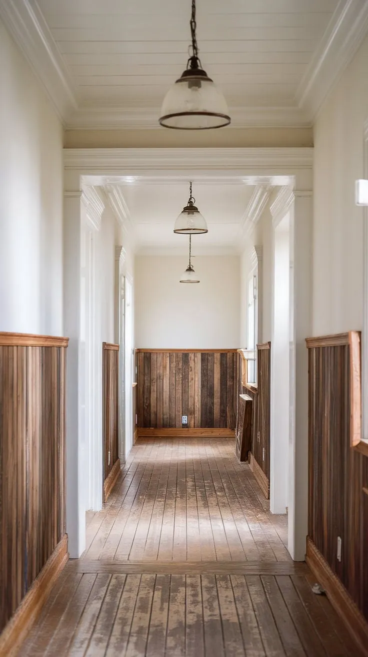 The gentle glow of vintage lighting illuminates the rich textures of this farmhouse hallway. A symphony of wood and white, the high paneling and distressed floors create an atmosphere of peaceful tranquility. A haven of rustic sophistication.