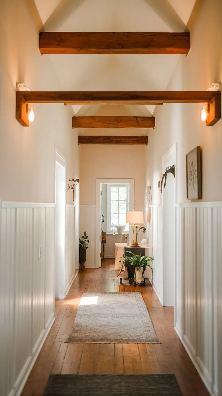 Stepping into this farmhouse hallway is like stepping back in time. The high, white-paneled walls and rich wooden beams create a sense of grandeur, while the strategically placed rug and A thoughtfully chosen lamp add a touch of modern warmth. A peaceful retreat, brimming with character.