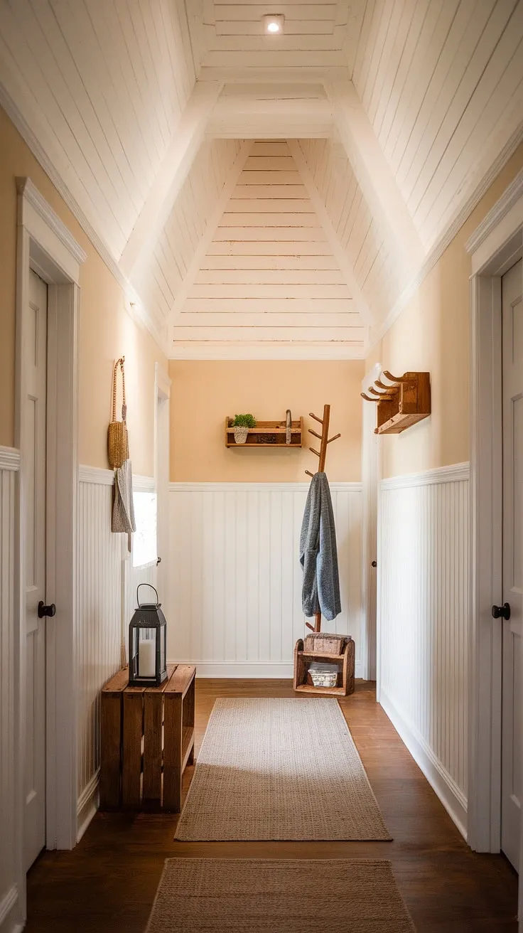 Stepping into this farmhouse hallway feels like stepping back in time. The elegant wood and white paneling, reaching towards the high ceiling, is a testament to timeless style. A few carefully chosen items-a lantern, a wooden crate, and a coat rack-add warmth and character to this inviting space.