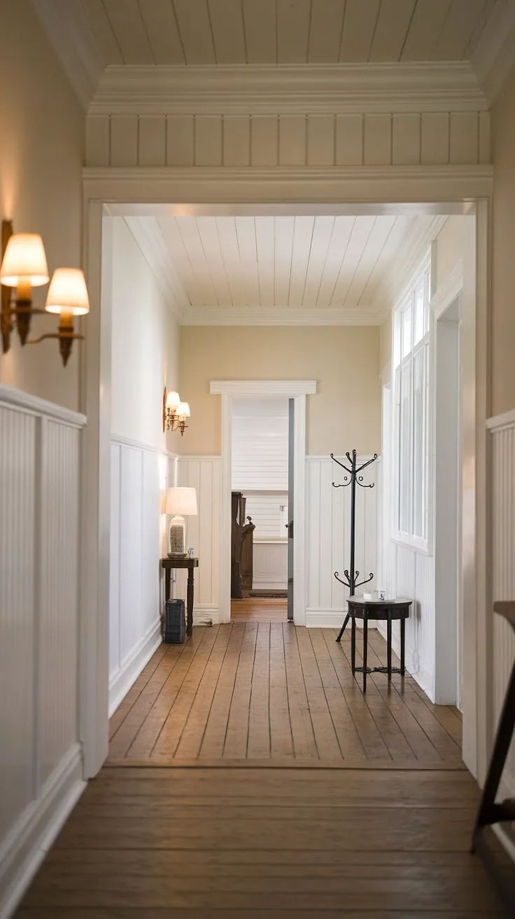 Stepping into this farmhouse hallway is like stepping back in time. The high ceilings and detailed molding create a sense of grandeur, while the wood floors and simple furnishings maintain a cozy, lived-in feel. A quiet sanctuary, perfect for unwinding after a long day.
