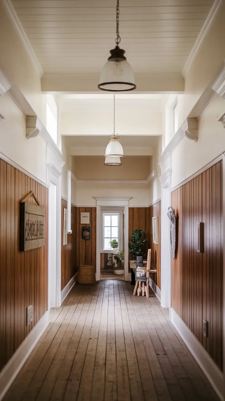 Stepping into this hallway is like stepping back in time. The high ceilings, intricate molding, and the soft light cast by the pendant lamps create a sense of peaceful tranquility. A testament to the enduring beauty of simple elegance.