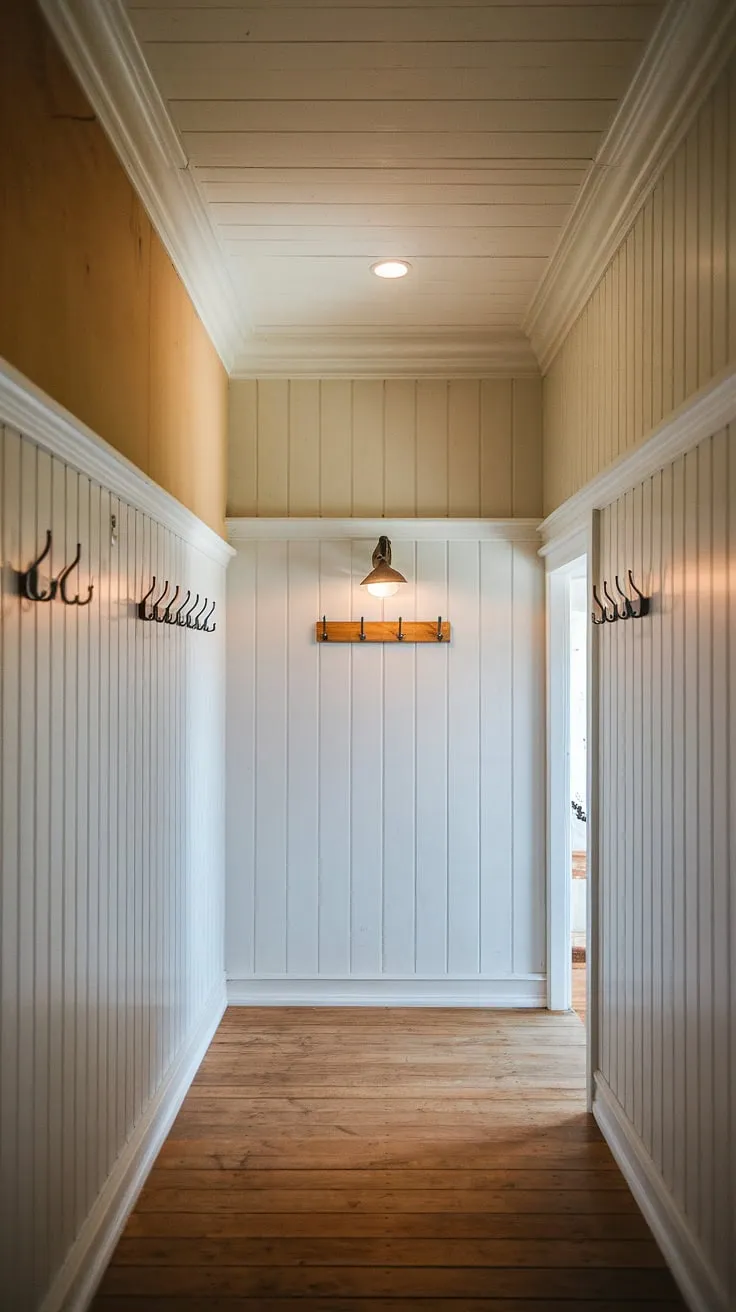 The warm glow of the single light fixture illuminates the rich wood and white paneling of this farmhouse hallway, creating a cozy ambiance. The high ceilings and detailed molding add to the home's character, while simple hooks offer practical storage. A perfect blend of rustic charm and understated elegance.