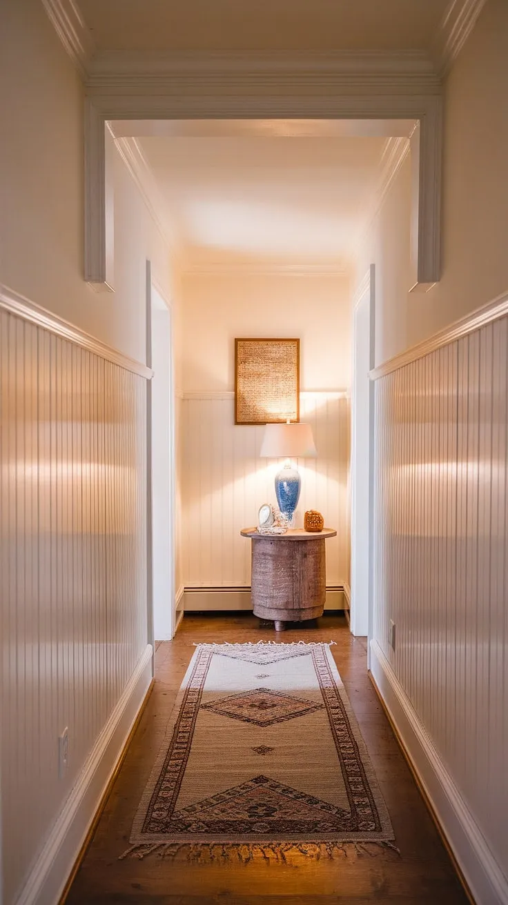 The warm glow of the lamp illuminates the rich wood and crisp white of this farmhouse hallway, creating a space that's both elegant and inviting. A perfect blend of rustic charm and modern simplicity.