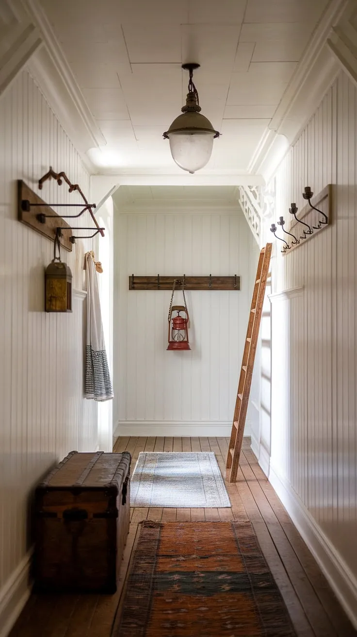 The aged wood and crisp white paneling create a captivating contrast in this farmhouse hallway. A vintage lantern hangs alongside a leaning ladder, adding to the home's unique character. The carefully curated details, from the antique trunk to the thoughtfully placed hooks, tell a story of cherished memories and a life well-lived. A true testament to timeless style.