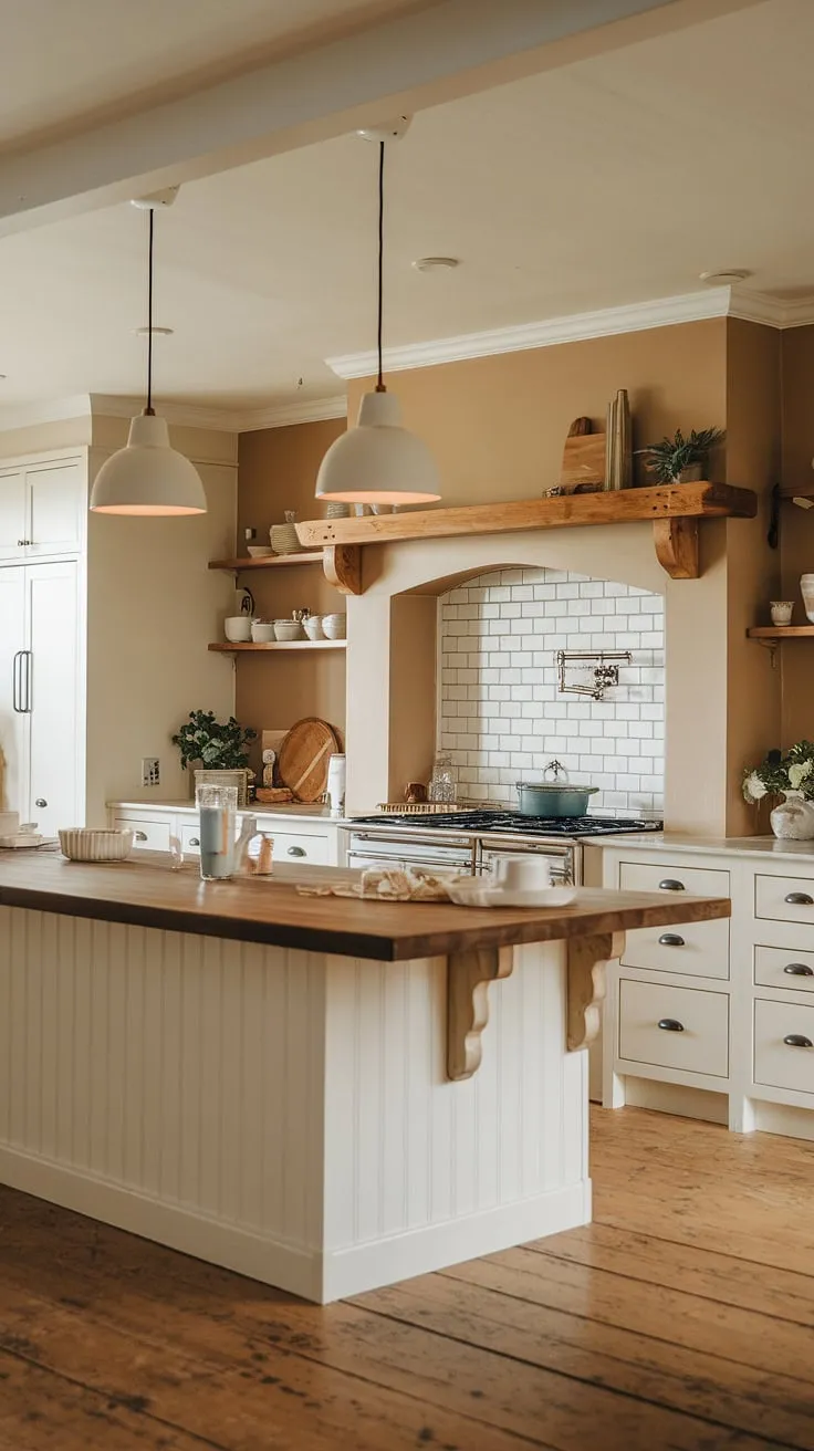 This farmhouse kitchen boasts a charming blend of rustic and modern.  The farmhouse kitchen lights, specifically chosen for their farmhouse kitchen lighting, illuminate the heart of the home – the kitchen island.  These farmhouse lights perfectly complement the white cabinets and wooden floors, making it a stunning example of farmhouse kitchen lighting ideas and industrial kitchen ideas all in one.