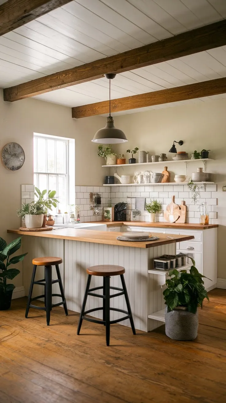 Warmth and style meet in this small modern farmhouse kitchen.  The farmhouse kitchen lights, a blend of farmhouse lighting and industrial kitchen ideas, create the perfect ambiance above the island.  These farmhouse kitchen lighting ideas are perfect for anyone looking to brighten their space.