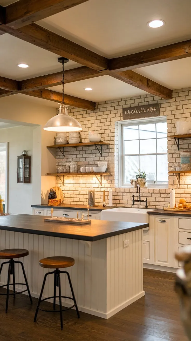 This small modern farmhouse kitchen shines thanks to the perfect blend of farmhouse lights and industrial kitchen ideas.  The farmhouse kitchen lighting, specifically the choice of farmhouse kitchen lights above the island, creates a warm and inviting atmosphere.  These kitchen island lighting ideas are a masterclass in achieving both style and functionality in a farmhouse kitchen.