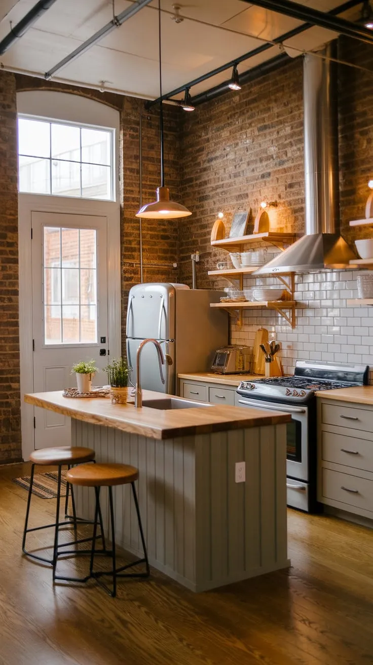 This small modern farmhouse kitchen shines thanks to the perfect blend of farmhouse lights and industrial kitchen ideas.  The farmhouse kitchen lighting, specifically the choice of farmhouse kitchen lights above the island, provides ample illumination and complements the overall aesthetic.  These kitchen island lighting ideas are a masterclass in creating a warm and inviting space.  Consider this inspiration for your own farmhouse kitchen lighting ideas.