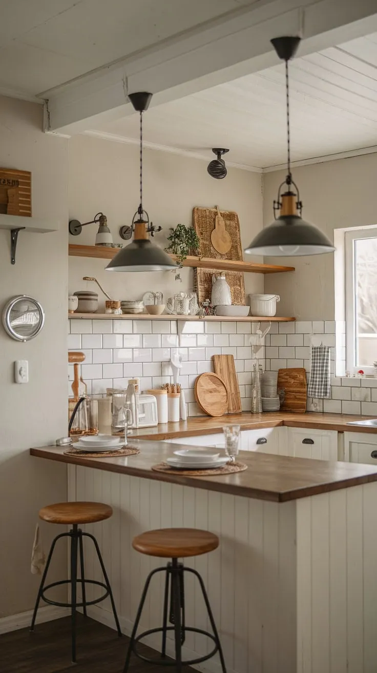 This farmhouse kitchen boasts stunning farmhouse kitchen lighting.  The fixtures are a beautiful balance of farmhouse kitchen lighting ideas and industrial design, making it the perfect centerpiece for this small modern farmhouse.  Consider these farmhouse lights for your own kitchen island lighting ideas.