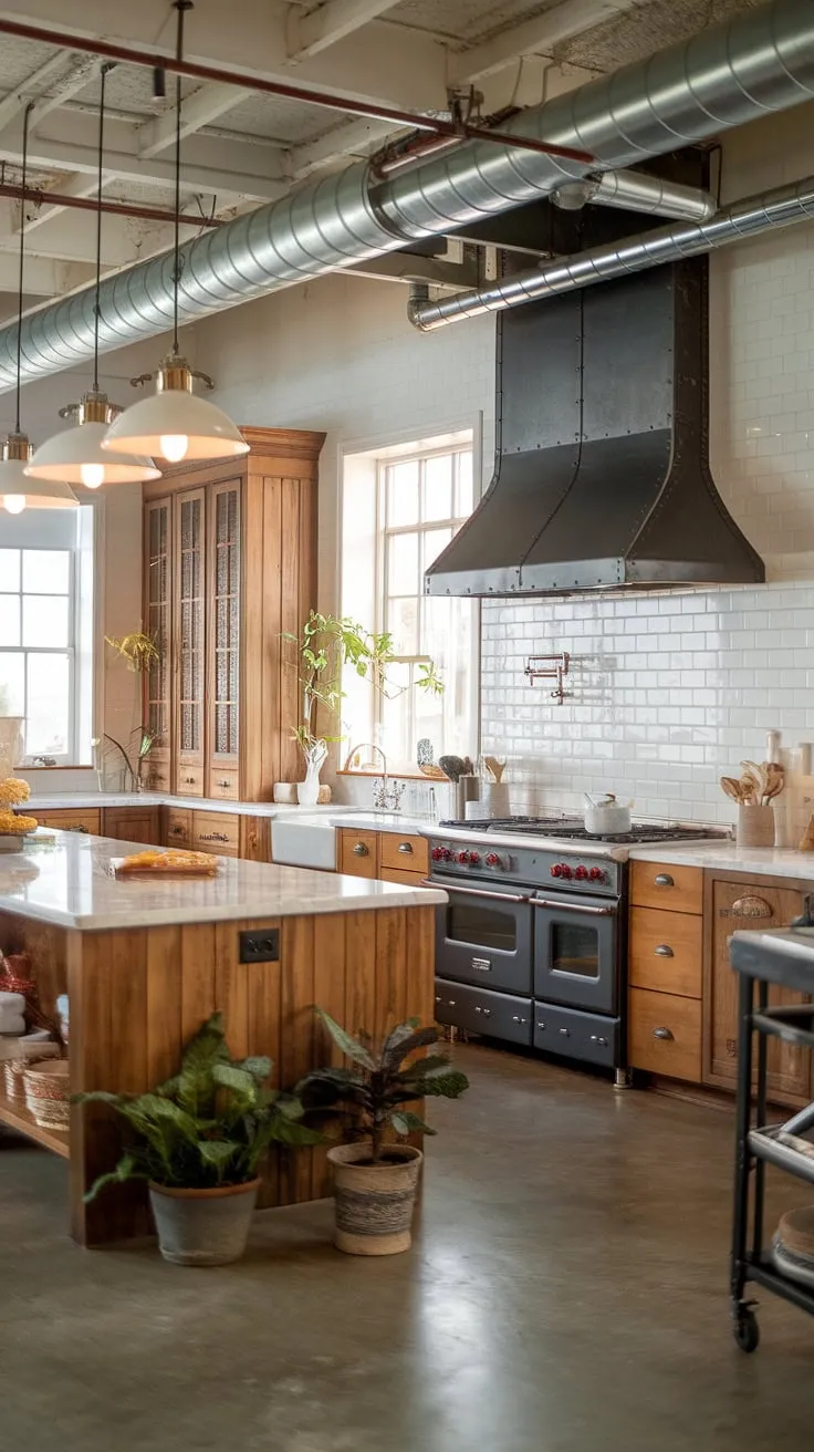 Warmth meets industrial cool in this farmhouse kitchen.  Farmhouse kitchen lighting, achieved with a mix of farmhouse lights and strategic placement, illuminates the heart of this home.  The kitchen island lighting ideas are particularly effective, highlighting the beautiful marble countertop.  This design proves that even a small modern farmhouse can boast a striking and functional space.