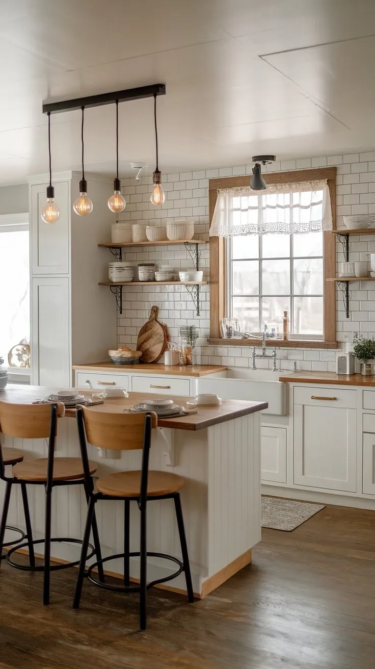 This small modern farmhouse kitchen shines thanks to the perfect blend of farmhouse lights and industrial kitchen ideas.  The farmhouse kitchen lighting, specifically the choice of farmhouse kitchen lights above the island, creates a warm and inviting atmosphere.  These kitchen island lighting ideas are a masterclass in achieving both style and functionality in a farmhouse kitchen.