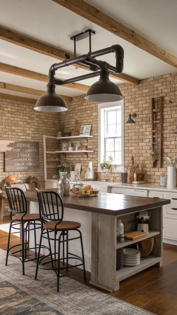 Dreamy farmhouse kitchen lighting transforms this space.  The farmhouse kitchen lights and overall farmhouse kitchen lighting create a cozy atmosphere.  Looking for kitchen island lighting ideas? This small modern farmhouse kitchen offers inspiration, blending industrial kitchen ideas with classic farmhouse style.