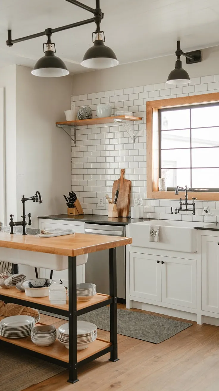 Warmth and style meet in this small modern farmhouse kitchen.  The farmhouse kitchen lighting, a blend of industrial kitchen ideas and farmhouse lights, perfectly illuminates the kitchen island, offering a stunning example of farmhouse kitchen lighting ideas.