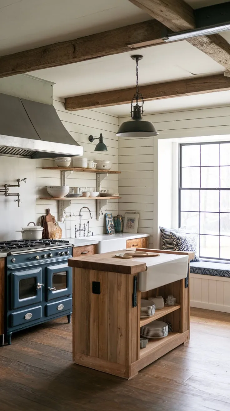This farmhouse kitchen boasts charming farmhouse kitchen lighting, creating a cozy atmosphere.  The farmhouse lights are a key element in this small modern farmhouse design, showcasing clever farmhouse kitchen lighting ideas and offering a fresh take on industrial kitchen ideas.