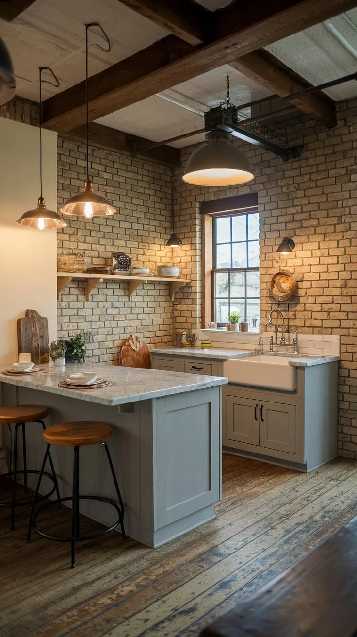 Warmth and style meet in this small modern farmhouse kitchen.  The farmhouse kitchen lights, a blend of farmhouse kitchen lighting and industrial kitchen ideas, create the perfect ambiance above the island.  These kitchen island lighting ideas are a perfect example of how to maximize light and charm in a smaller space.