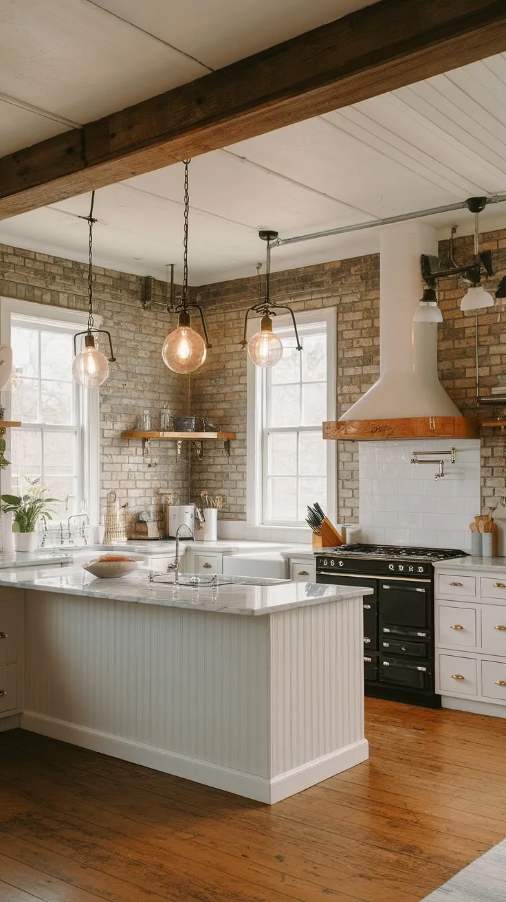 This farmhouse kitchen's charm is undeniably amplified by the stunning farmhouse lights.  The kitchen island lighting ideas are simple yet effective, showcasing the beauty of farmhouse kitchen lighting in a small modern farmhouse setting.  A perfect example of blending industrial kitchen ideas with rustic appeal.