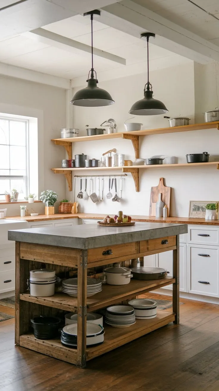 This charming farmhouse kitchen boasts stunning farmhouse lights that perfectly complement the small modern farmhouse aesthetic.  The kitchen island lighting ideas are both functional and fashionable, showcasing a beautiful mix of farmhouse kitchen lighting and industrial design elements.