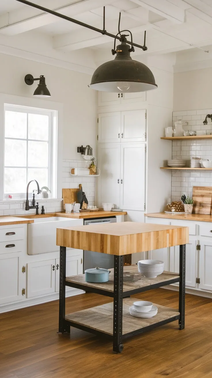 This farmhouse kitchen boasts stunning farmhouse lights, showcasing clever kitchen island lighting ideas within a small modern farmhouse design. The farmhouse kitchen lighting perfectly complements the industrial kitchen ideas, resulting in a space that's both inviting and chic.
