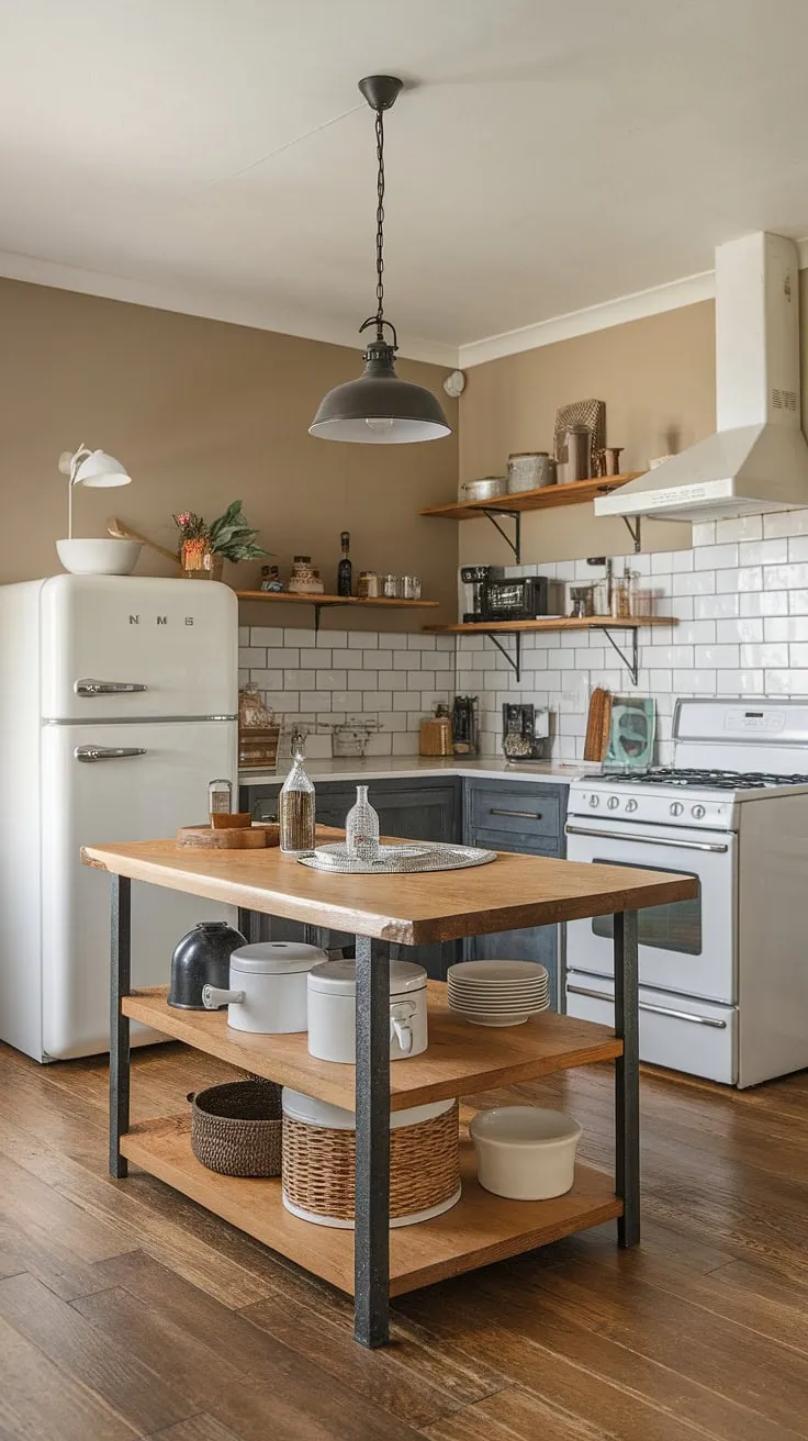 This small modern farmhouse kitchen shines with thoughtfully chosen farmhouse kitchen lighting.  From the farmhouse lights above the island to the overall farmhouse kitchen lighting ideas, every detail contributes to a functional and aesthetically pleasing space.  Consider this a masterclass in industrial kitchen ideas and kitchen island lighting ideas for your own home.