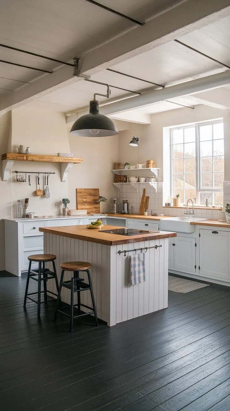 Warmth and style meet in this small modern farmhouse kitchen.  The farmhouse kitchen lights, a blend of farmhouse lighting and industrial kitchen ideas, create the perfect ambiance above the island.  Finding the right kitchen island lighting ideas can transform a space, and these farmhouse lights are a perfect example.