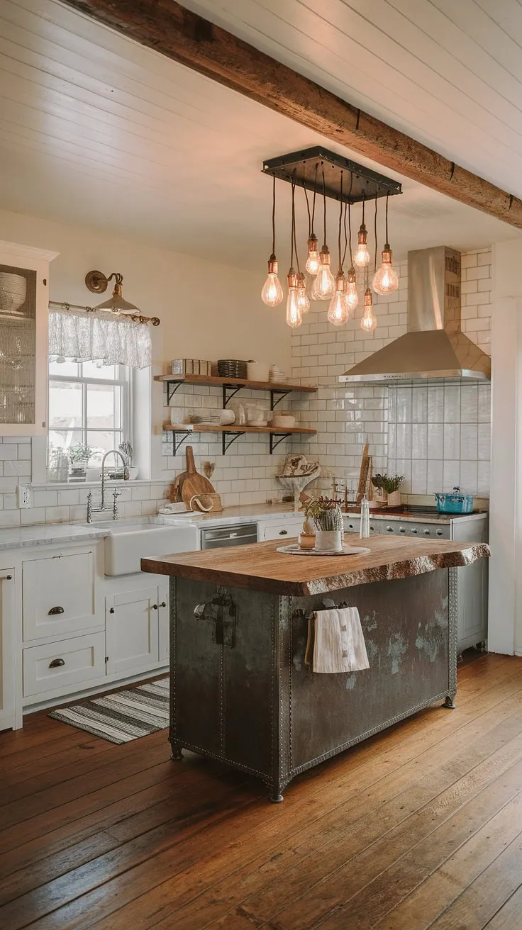 This small modern farmhouse kitchen shines thanks to the perfect blend of farmhouse lights and industrial kitchen ideas.  The farmhouse kitchen lighting, specifically the choice of farmhouse kitchen lights above the island, creates a warm and inviting atmosphere.  These kitchen island lighting ideas are a masterclass in achieving both style and functionality in a farmhouse kitchen.