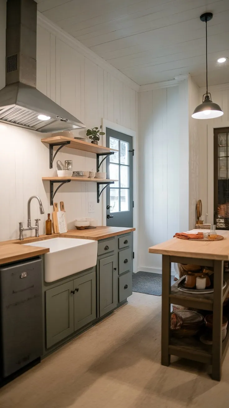 Industrial kitchen ideas meet farmhouse charm in this bright and functional space.  The farmhouse kitchen boasts thoughtful farmhouse kitchen lighting, with farmhouse lights illuminating both the sink area and the kitchen island.  These farmhouse kitchen lighting ideas, along with the light wood floors, create a welcoming and spacious feel in this small modern farmhouse kitchen.