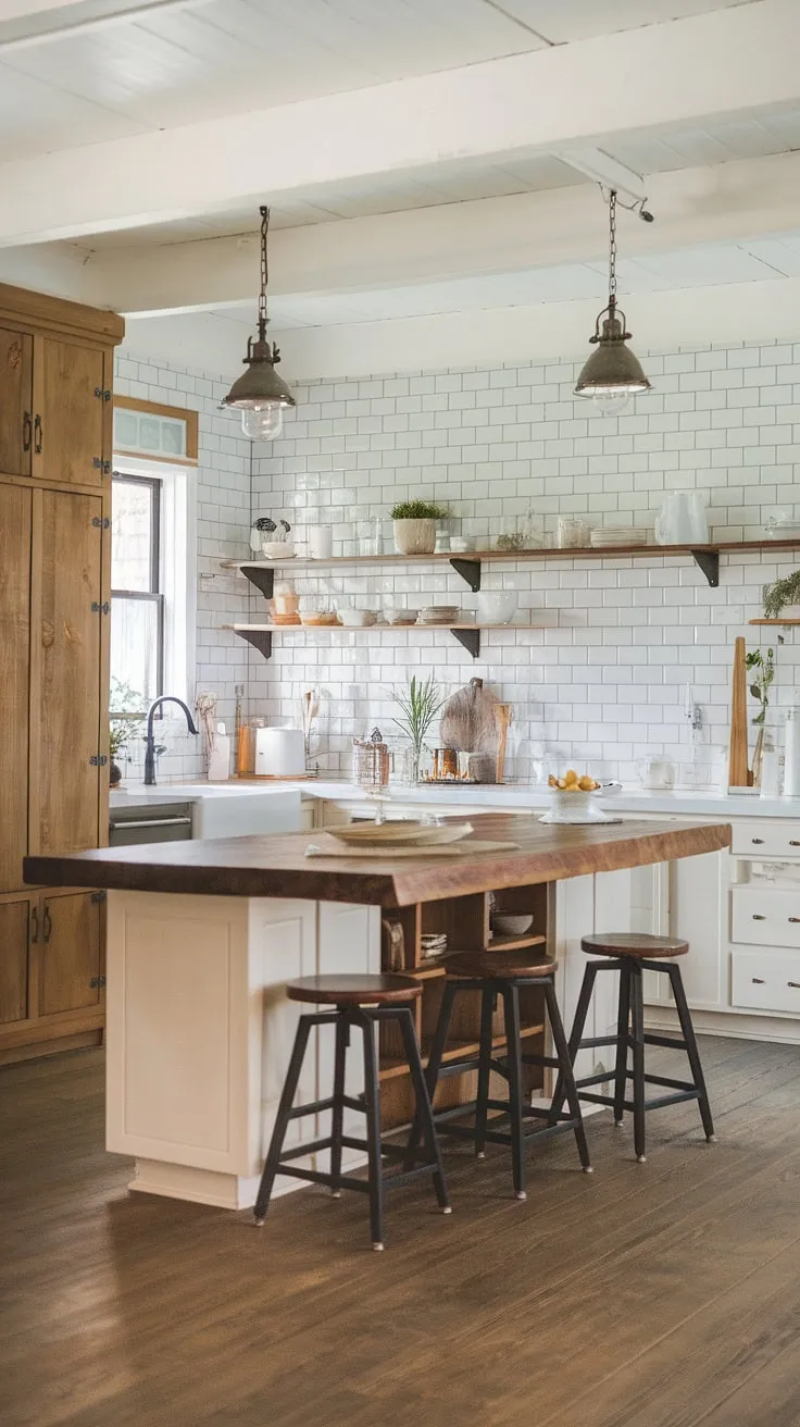 Warmth and style meet in this small modern farmhouse kitchen.  The farmhouse kitchen lights, a blend of farmhouse lighting and industrial kitchen ideas, perfectly illuminate the space, offering inspiration for your own kitchen island lighting ideas.  The overall effect is a cozy and inviting farmhouse kitchen.