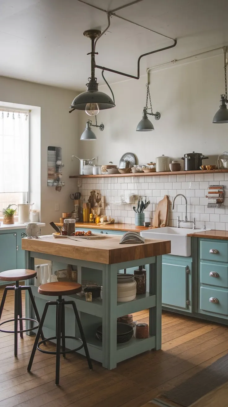 This farmhouse kitchen's charm is undeniable.  The farmhouse lights and farmhouse kitchen lighting beautifully illuminate the kitchen island, showcasing the thoughtful kitchen island lighting ideas.  A perfect example of how farmhouse kitchen lighting can transform a small modern farmhouse into a cozy and inviting space.