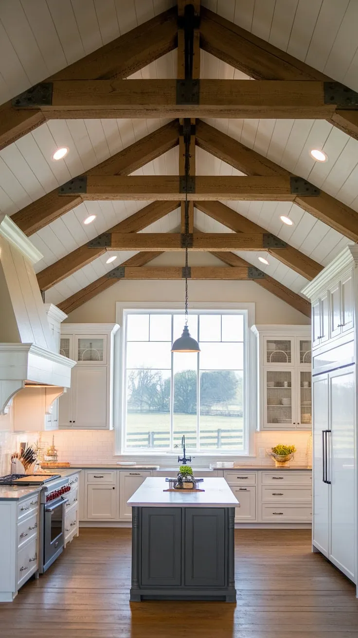 This charming farmhouse kitchen boasts stunning farmhouse kitchen lighting.  The fixtures offer a perfect balance of farmhouse kitchen lighting ideas and industrial design, making it a shining example of small modern farmhouse style.  Let this inspire your own kitchen island lighting ideas.