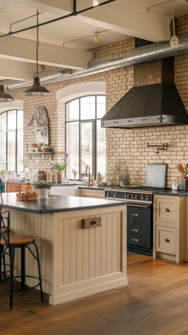 Warmth meets industrial chic in this small modern farmhouse kitchen.  The beige and black color scheme, accented by wooden elements and exposed brick, creates a cozy yet stylish space.  The farmhouse kitchen lights, specifically the pendant lights above the kitchen island, offer the perfect farmhouse kitchen lighting, showcasing great kitchen island lighting ideas. This design is full of industrial kitchen ideas, proving that farmhouse style can be effortlessly modern.