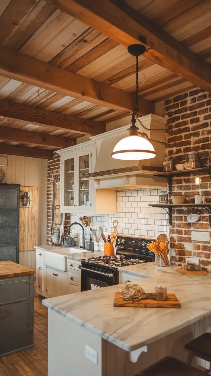 This farmhouse kitchen's charm is undeniable, thanks to the thoughtfully chosen farmhouse lights.  The kitchen island lighting ideas are spot-on, showcasing the perfect balance between farmhouse kitchen lighting and a modern industrial aesthetic.  A stunning example of small modern farmhouse design.