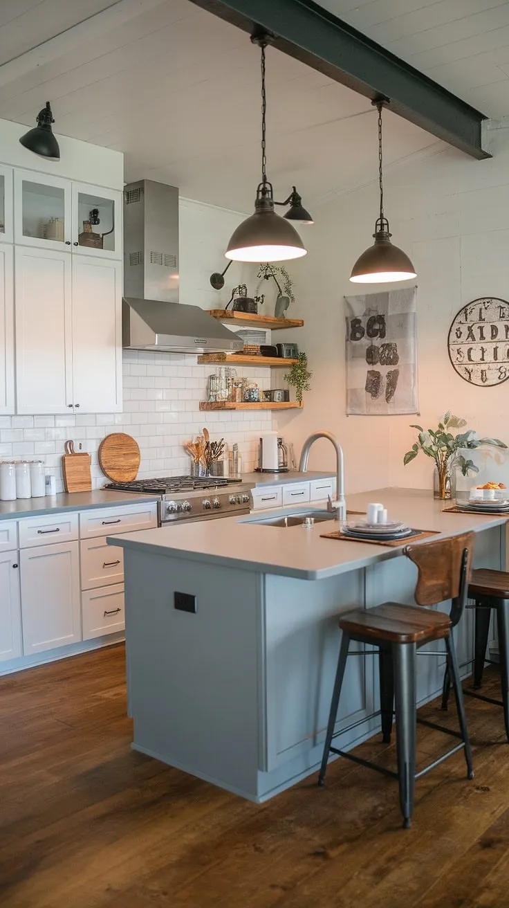 This farmhouse kitchen's charm is undeniable.  The farmhouse kitchen lighting, a thoughtful selection of farmhouse lights, perfectly complements the small modern farmhouse aesthetic.  These kitchen island lighting ideas showcase how simple yet impactful farmhouse kitchen lighting can be, offering inspiration for your own industrial kitchen ideas.