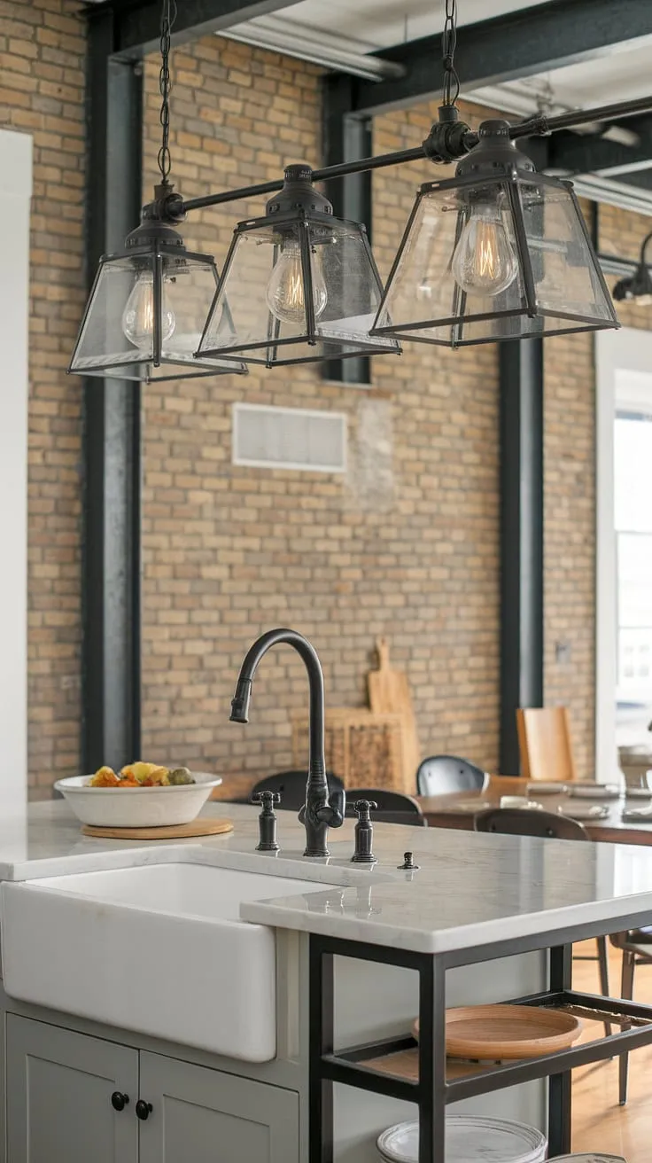 This small modern farmhouse kitchen shines thanks to the perfect blend of farmhouse lights and industrial kitchen ideas.  The farmhouse kitchen lighting, specifically the choice of farmhouse kitchen lights above the island, creates a warm and inviting atmosphere.  These farmhouse kitchen lighting ideas are a masterclass in achieving both style and functionality.