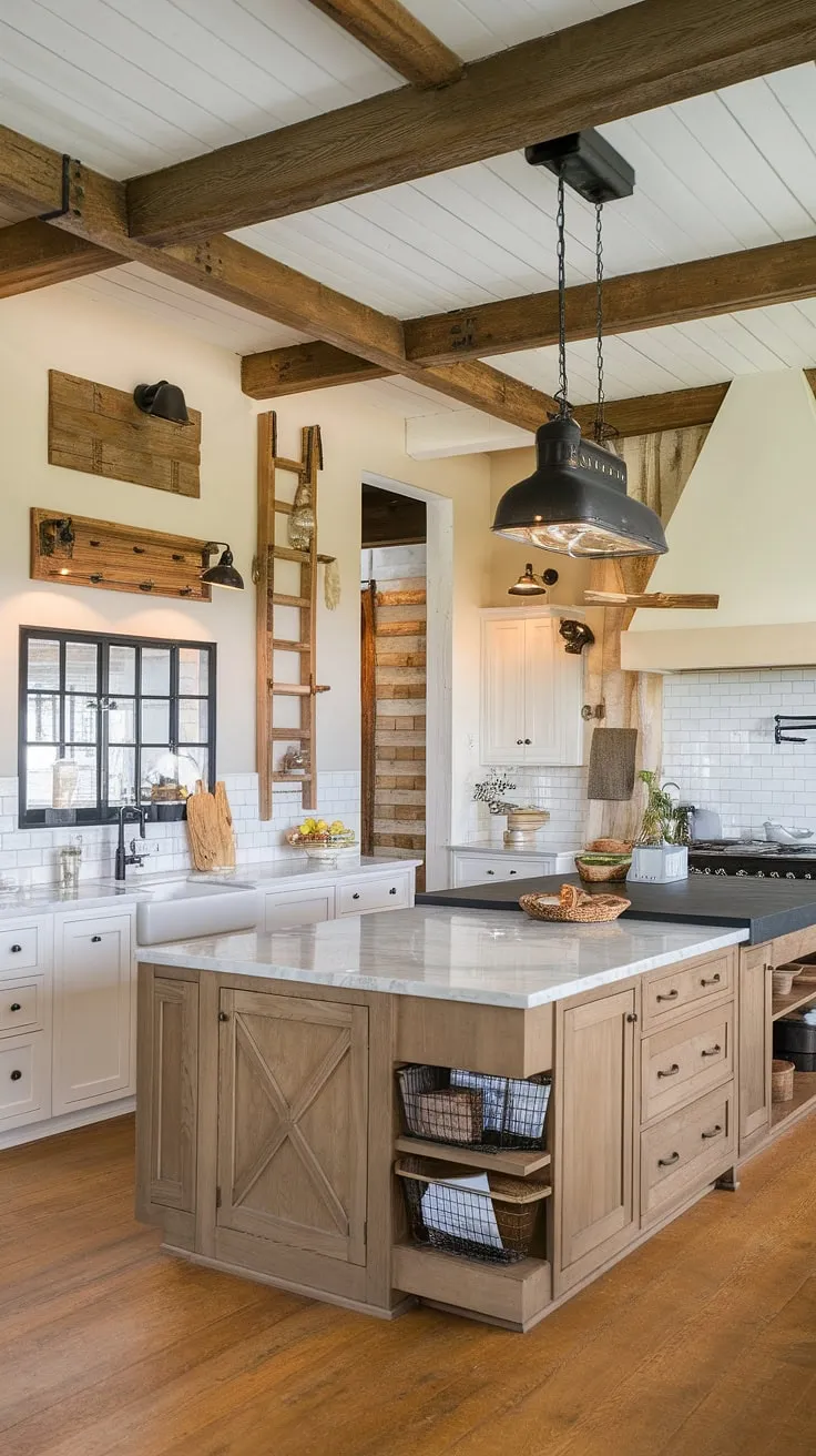 This small modern farmhouse kitchen shines thanks to the perfect blend of farmhouse lights and industrial kitchen ideas.  The farmhouse kitchen lighting, specifically the choice of farmhouse kitchen lights above the island, creates a warm and inviting atmosphere.  These kitchen island lighting ideas are a masterclass in achieving both style and functionality in a farmhouse kitchen.
