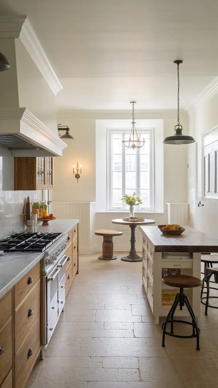Warmth and style meet in this small modern farmhouse kitchen.  The farmhouse kitchen lights, a blend of farmhouse lighting and industrial kitchen ideas, create the perfect ambiance above the island.  These farmhouse kitchen lighting ideas are a simple yet effective way to elevate your space.