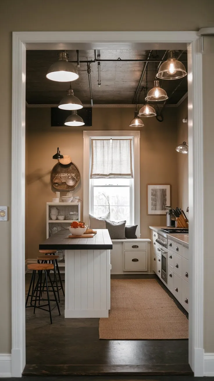 Industrial kitchen ideas meet farmhouse charm in this cozy space.  The farmhouse kitchen lighting, featuring multiple farmhouse lights, adds both style and functionality.  Note how the farmhouse kitchen lighting ideas are implemented to maximize light and create a welcoming atmosphere.  The white island and beige walls provide a calming backdrop to the darker accents, making this small modern farmhouse kitchen a perfect blend of form and function.