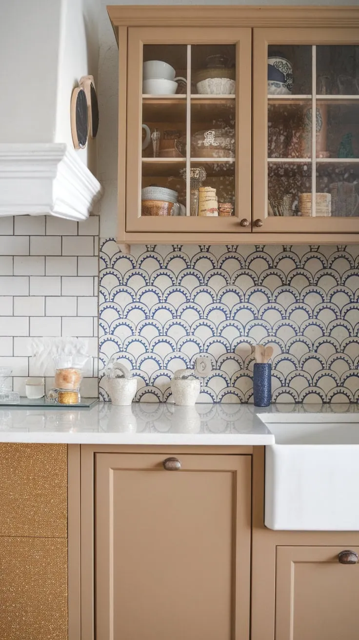 This farmhouse kitchen boasts a stunning array of backsplashes—white, tan, patterned scalloped blue and white, and even glitter—showcasing diverse styles.