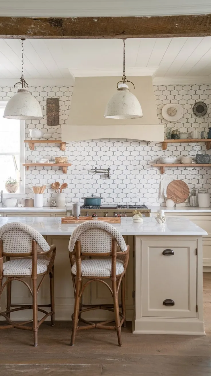 Farmhouse kitchen backsplash options abound, from white and tan to patterned, glass, and scalloped designs, complementing a large island and charming décor.