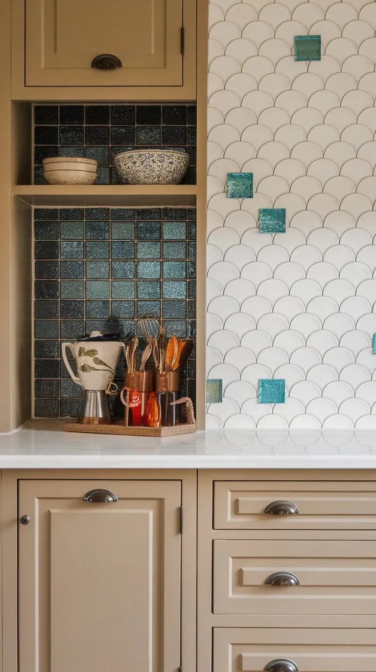 A warm and inviting farmhouse kitchen features a white scalloped and blue glass tile backsplash, highlighted by a sparkling blue glitter pantry accent.