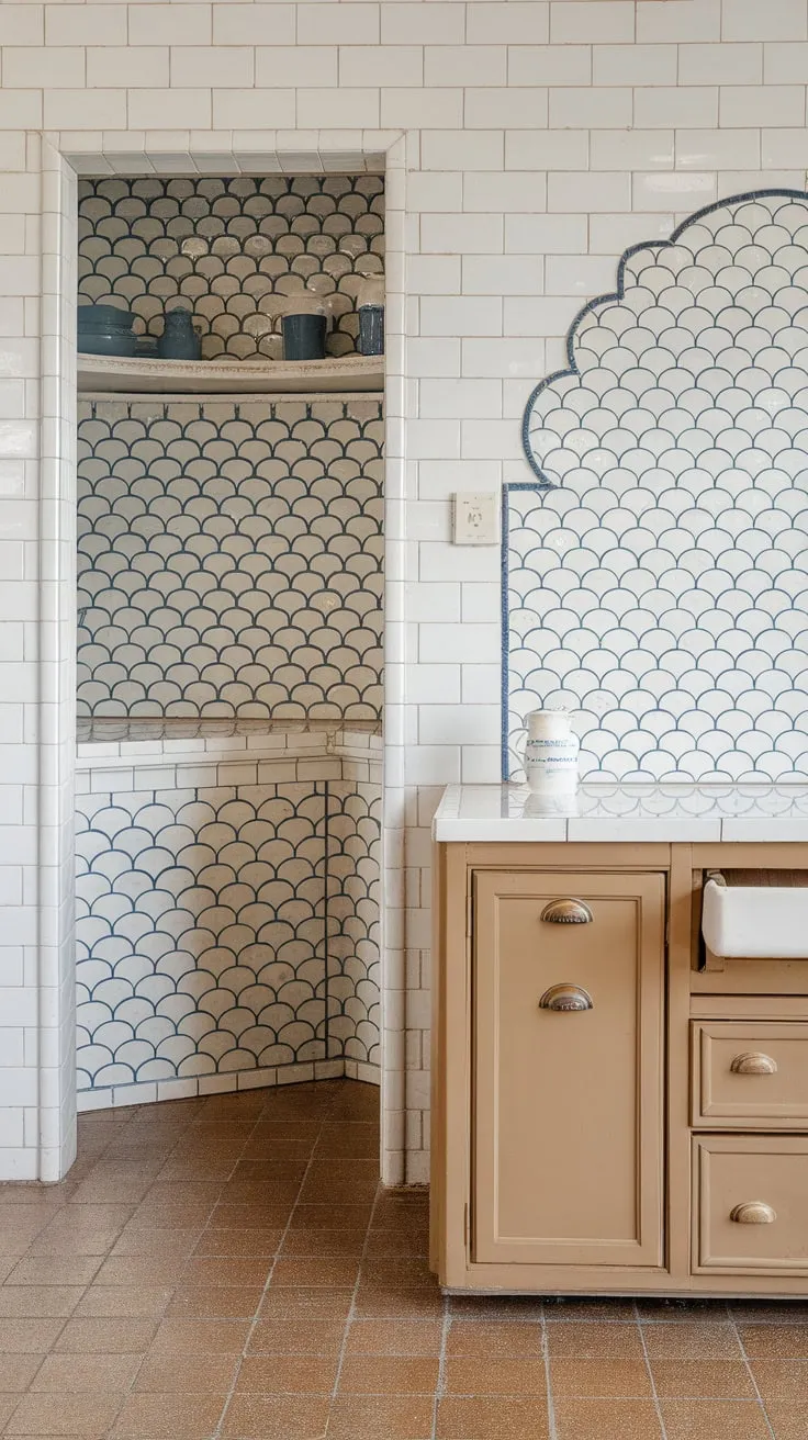 Scalloped blue and white glass tiles create a stunning farmhouse kitchen backsplash, accented by white and tan counterparts and a glittering floor.