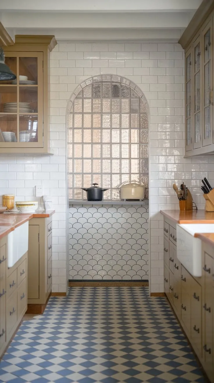Warmth radiates from this farmhouse kitchen, its white glass-tile backsplash and scalloped pantry details complementing a cheerful blue and white checkered floor.