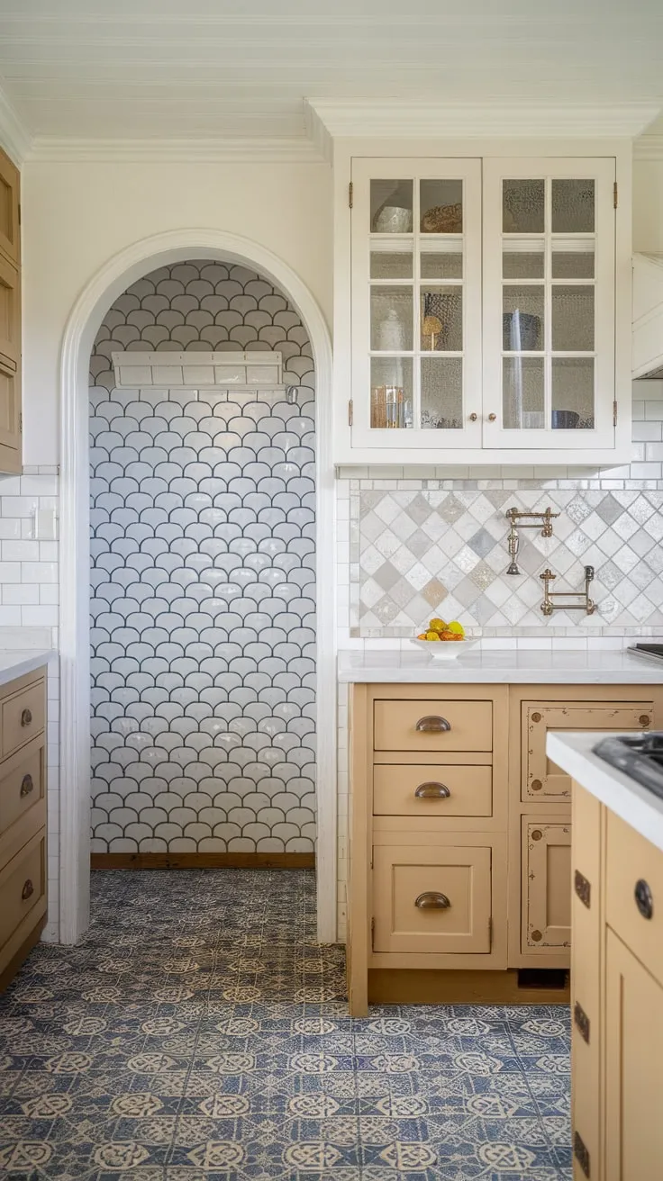 Glass and scalloped tile backsplashes accentuate the charming white and tan farmhouse kitchen.