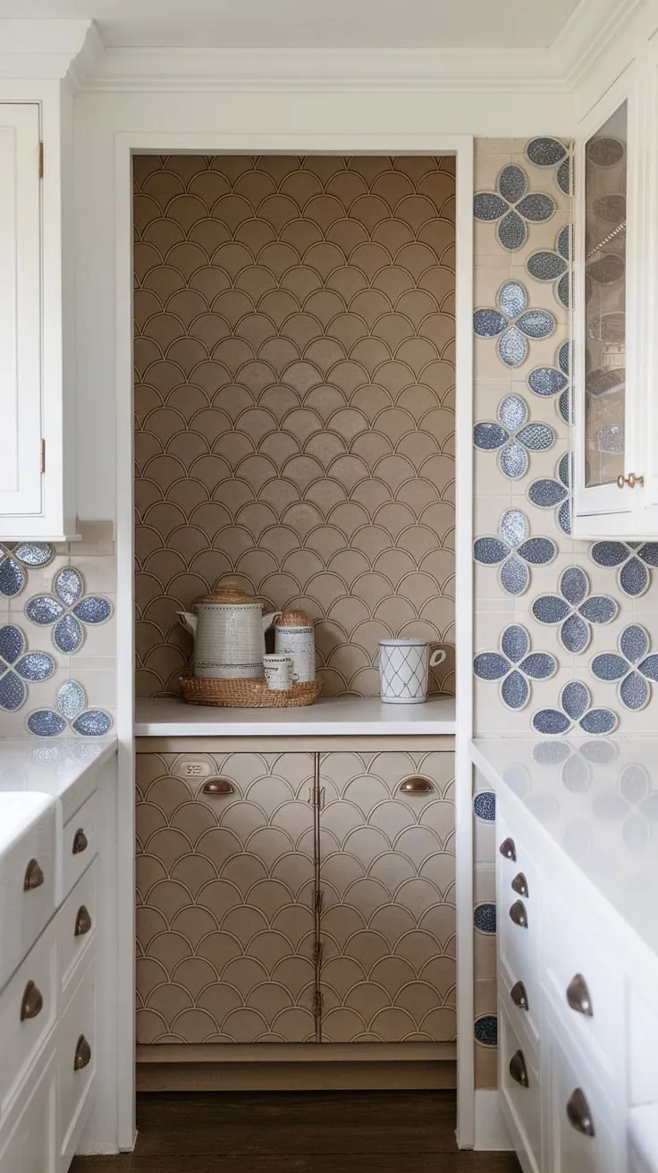 A charming farmhouse kitchen boasts a white and tan scalloped tile backsplash accented with blue glitter, extending the pattern to a matching pantry.