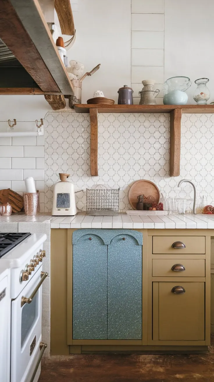 This farmhouse kitchen showcases a variety of backsplash styles—white, tan, patterned, glass, and even blue glitter—complementing its vintage charm and wooden features.