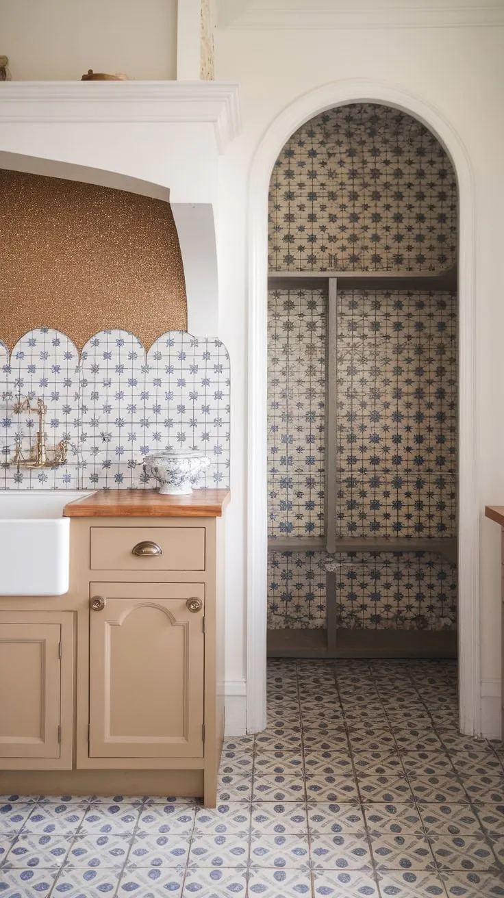 Scalloped, blue and white patterned glass and glitter tiles create a stunningly unique farmhouse kitchen backsplash.