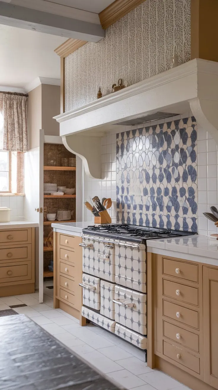 A charming farmhouse kitchen boasts a captivating blend of white, tan, and blue-and-white patterned glass backsplashes, accented by a scalloped design.