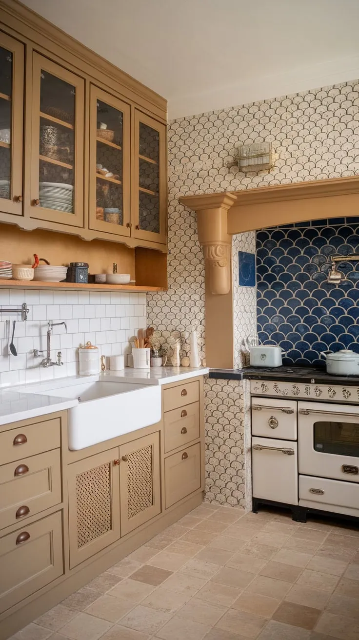 A charming farmhouse kitchen boasts a diverse backsplash showcasing white, tan, patterned, and blue scalloped tiles, creating a warm and inviting space.