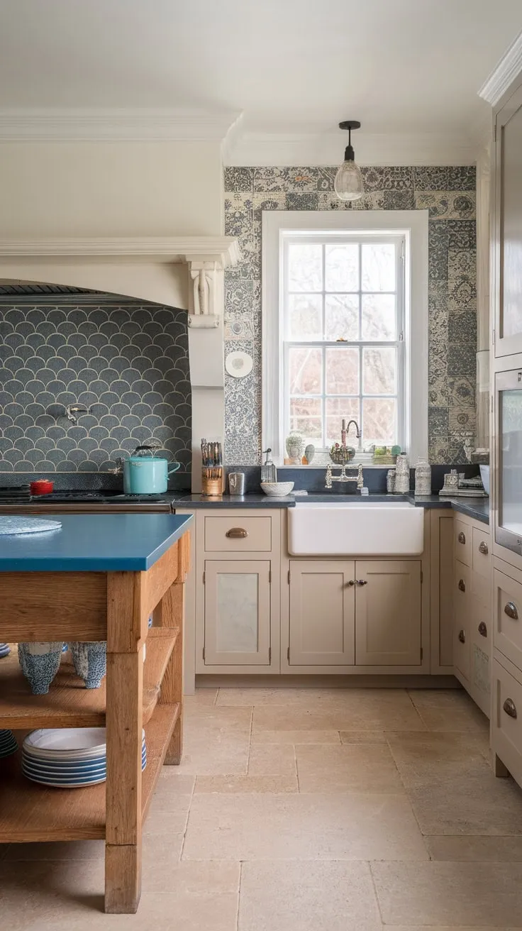 This farmhouse kitchen showcases a stunning variety of backsplash styles from white and tan to patterned, glass, scalloped blue, and even glitter, highlighting the versatility of this design element.