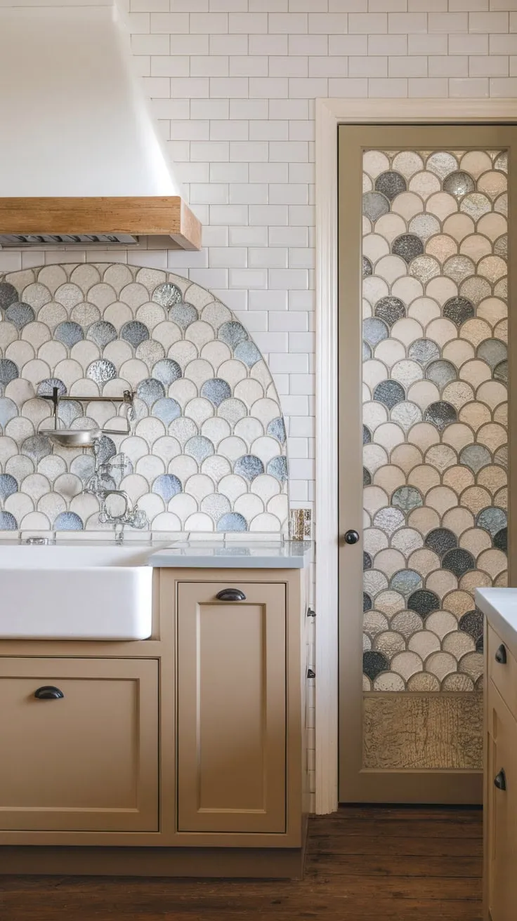 A charming farmhouse kitchen boasts a stunning white and blue scalloped backsplash, complemented by patterned glass tiles extending to a matching pantry door.